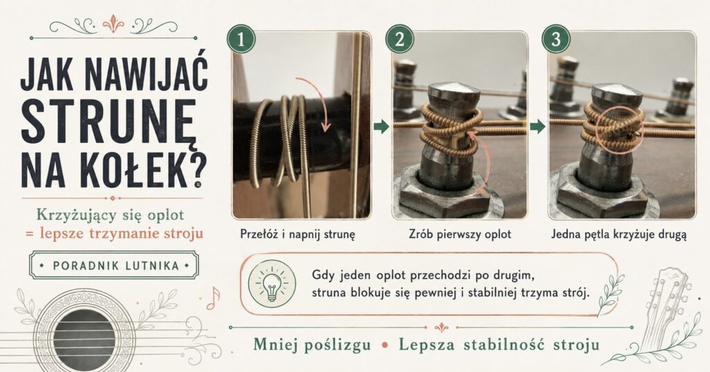 Grafika ukazująca odpowiedni przebieg struny na kołku stroikowym w gitarze - kompendium jak nastroić gitarę w każdych warunkach.