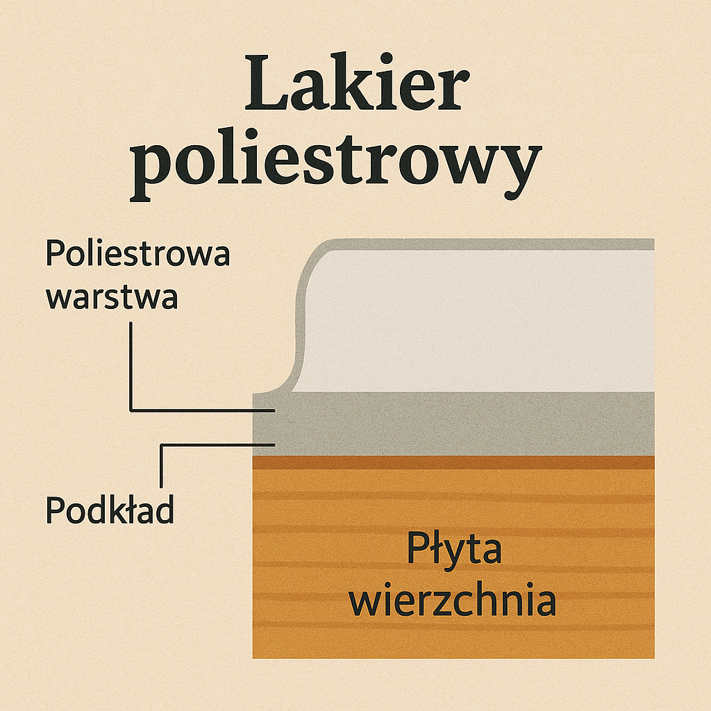 Przekrój wykończenia gitarowego z lakierem poliestrowym – gruba warstwa poliestrowa, podkład i płyta wierzchnia