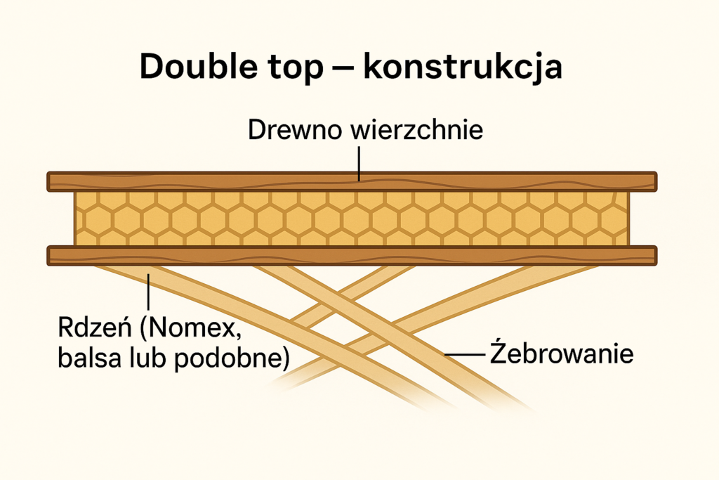 Schemat budowy płyty double top w gitarze klasycznej – warstwy drewna wierzchniego, rdzeń z Nomexu lub balsy oraz żebrowanie.