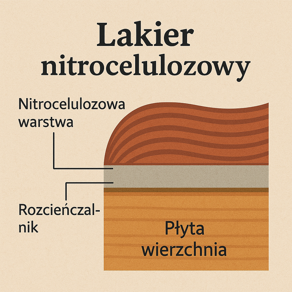Przekrój warstw lakieru nitrocelulozowego na gitarze klasycznej – nitrocelulozowa powłoka, rozcieńczalnik i płyta wierzchnia