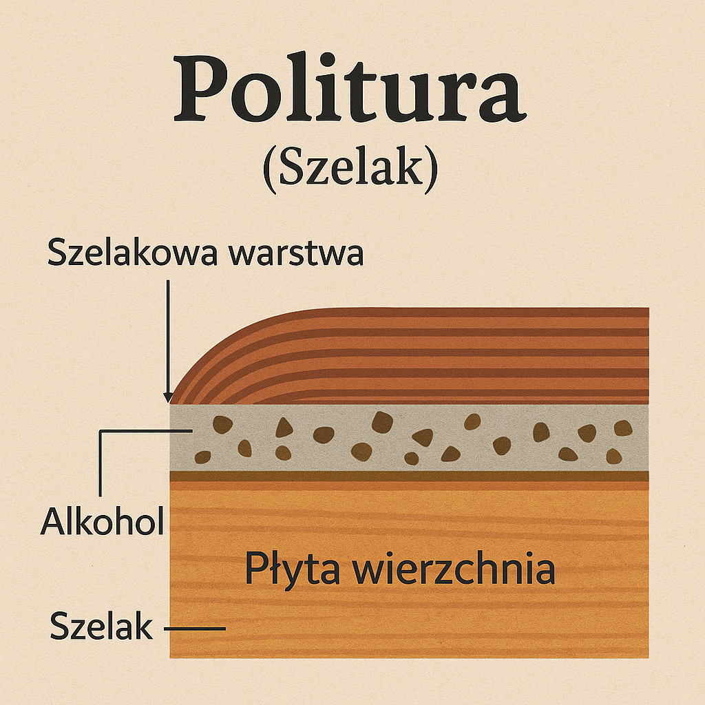 Schemat politury szelakowej na gitarze klasycznej – warstwa szelakowa, alkohol i płyta wierzchnia