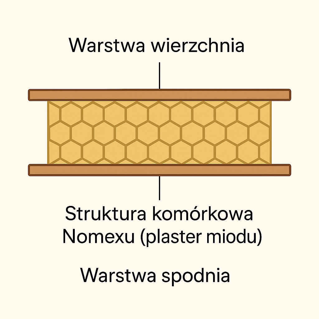 Schemat budowy rdzenia Nomex w formie plastra miodu stosowanego w płytach double top gitar klasycznych – warstwa wierzchnia, struktura komórkowa i warstwa spodnia.