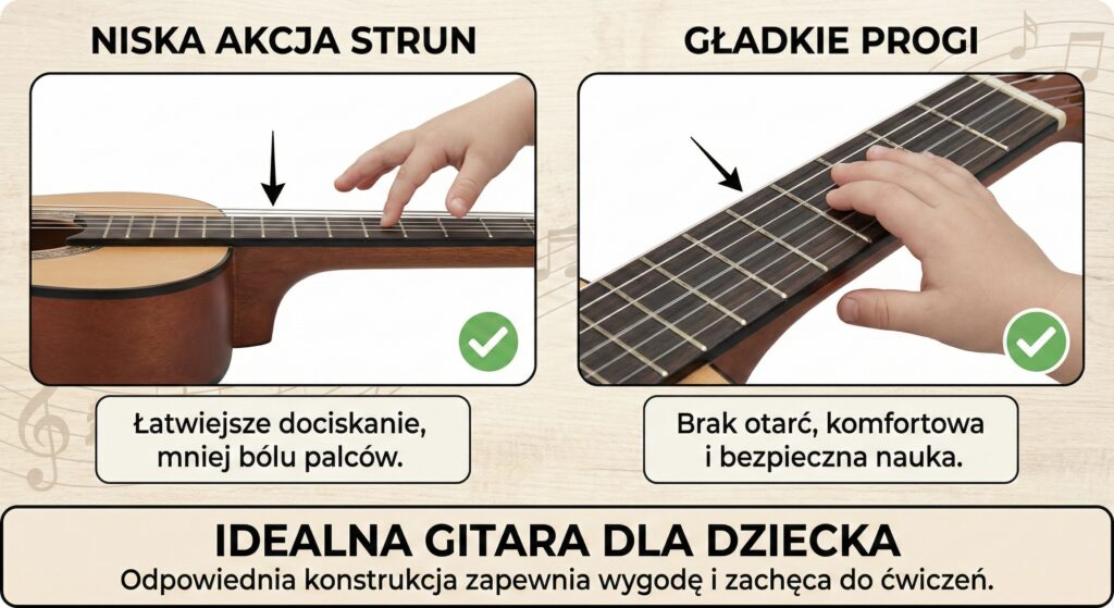Infografika przedstawiająca ranking gitar klasycznych dla dzieci. . Grafika zawiera oceny, rozmiary oraz kluczowe cechy instrumentów.